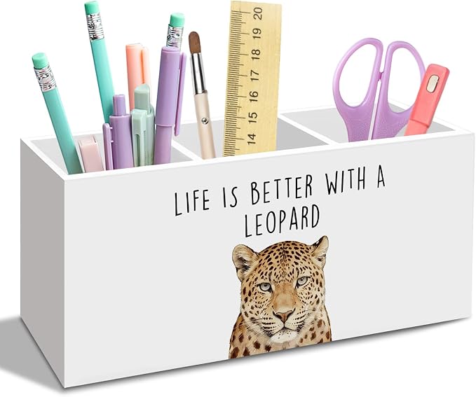 Preppy Leopard Pen Pencil Holder for Desk, Funky Cheetah Office Desk Accessories, Trendy Life Is Better with a Leopard Pen Holders Organizer for Women Bathroom Decor