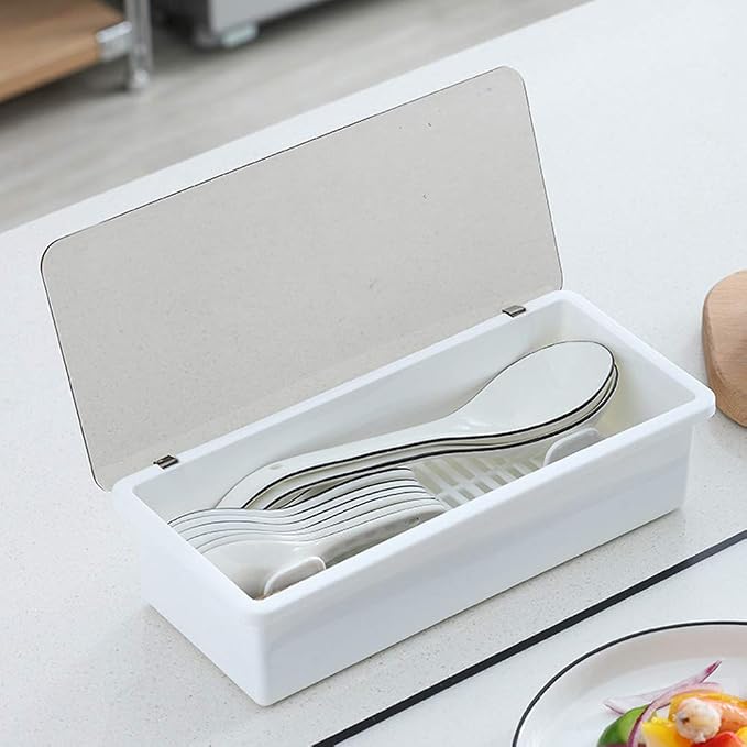 White Flatware Tray Kitchen Drawer Organizer With Lid And Drainer - Plastic Kitchen Cutlery Tray and Utensil Storage Container with Cover - 11.0 Inch Silverware Holder Drawer Organizer
