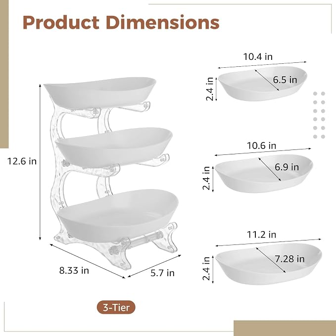 3-Tier Fruit Bowl Stand with 3 Removable Oval Dishes, Large Capacity Multi-layer Snacks Storage Rack, Clear PET and PP Organizer for Kitchen, Living Room, Desktop, Stable and Easy to Clean