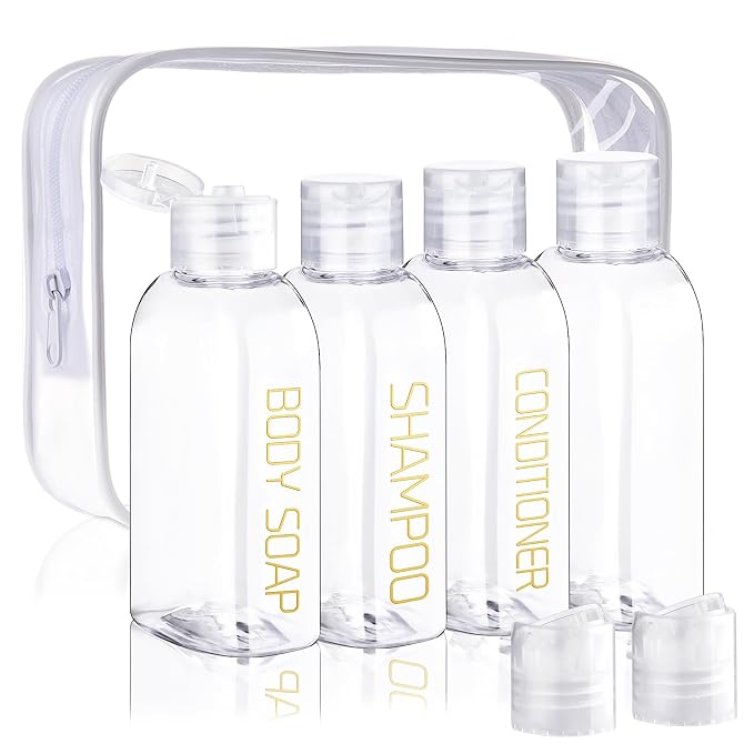 Cosywell 4pc 3.4 oz Leakproof Squeeze Bottles Travel Kit | TSA Approved, Preprinted with SHAMPOO, CONDITIONER and BODY SOAP, Refillable Cosmetic Containers Travel Essentials