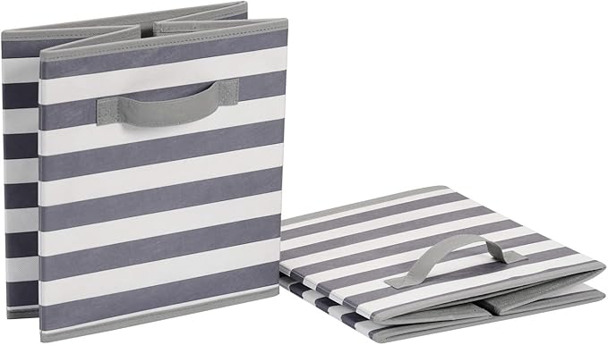 Amazon Basics Collapsible Fabric Storage Bins with Handles, Cube Organizer for Home Organization, White/Light Grey Stripe, 10.5"x10.5"x11" (Pack of 30)