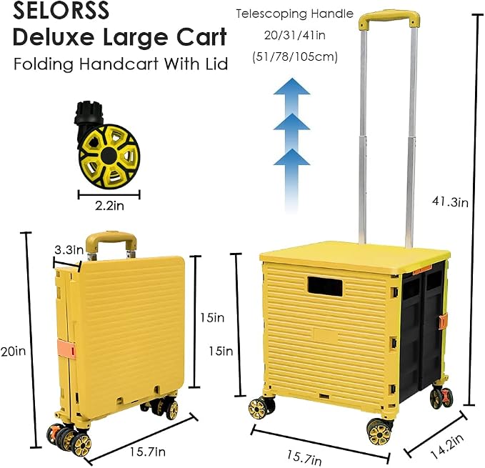 Foldable Utility Cart Portable Collapsible Crate Rolling Carts with Wheels Rolling Tote Basket Teacher Cart with Lid Wear-Resistant 360°Rotate Wheel Noiseless for Shopping Storage Office Use