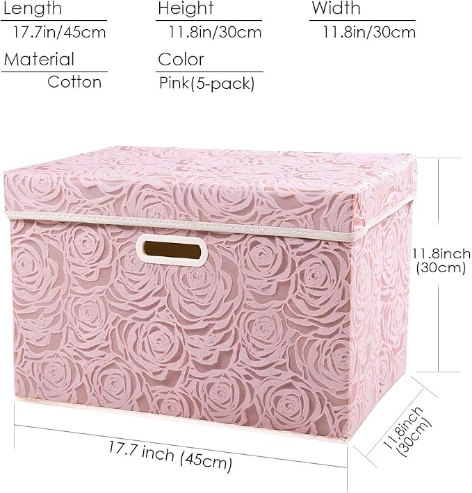 Large Foldable Storage Boxes with Lids [5-Pack] Fabric Decorative Storage Bin Cubes Organizer Containers Baskets with Cover Handles for Bedroom Closet Nursery Pink 17.7x11.8x11.8 Inch