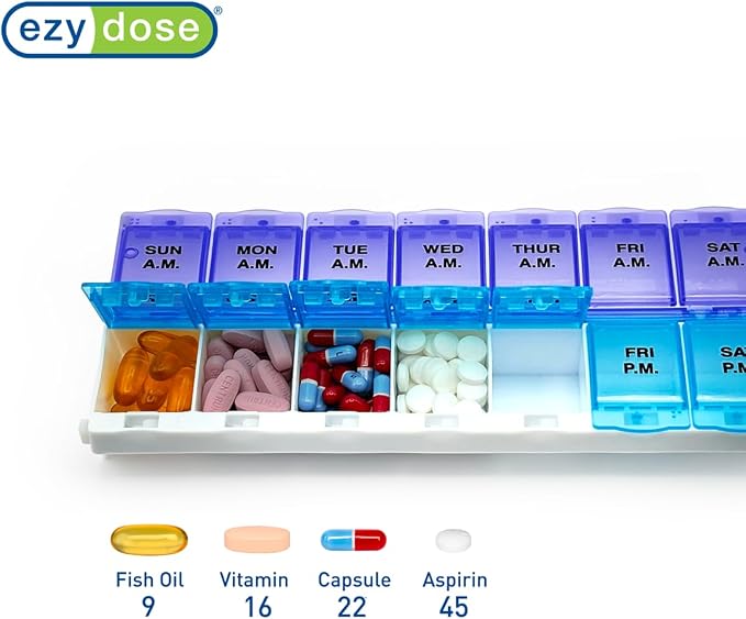 Ezy Dose Weekly (7-Day) AM/PM Pill Organizer, 2XL Planner, Color May Vary | Daily Medicine, Vitamin & Supplement Case, 2 Times a Day Pop-Up Compartments, Arthritis-Friendly, Travel-Friendly, BPA-Free