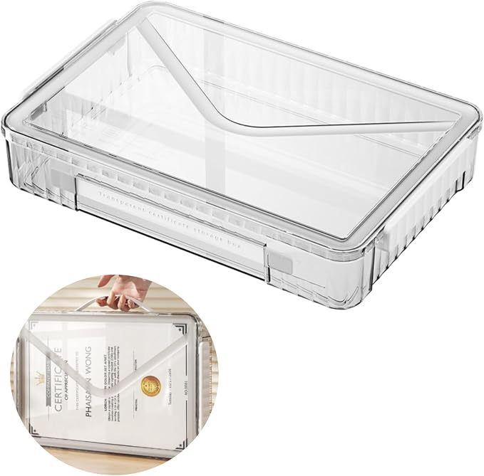 Marte Vanci Plastic Storage Bin with Lid Portable Project Case with Handle Clear Storage Box File Document Protector Stackable Container for A4 Letter Paper Photo Craft Scrapbook（White Handle）