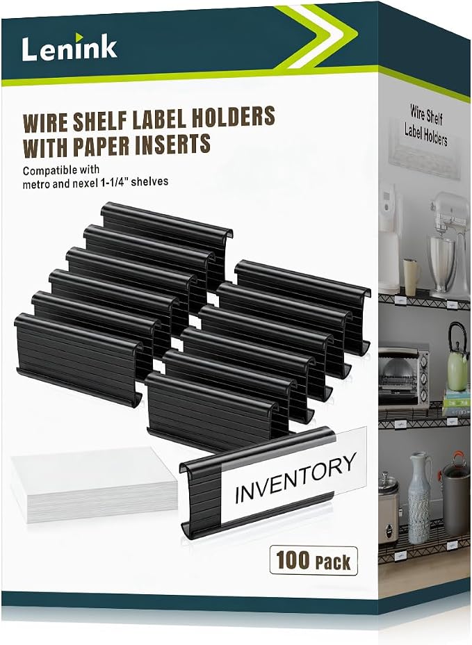 100Pcs Wire Shelf Label Holders with 100Pcs Label Paper Inserts, Black Plastic Wire Rack Label Holder Compatible with Metro and Nexel 1-1/4in Shelves, Label Area 3in Lx1.25in H