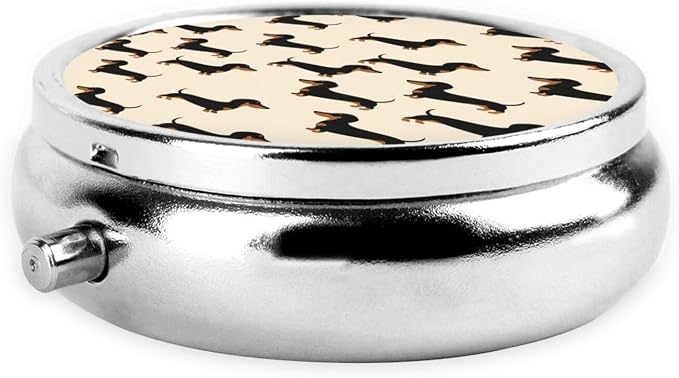 Round Pill Box, Wiener Dog Fabric Doxie Dachshund Weiner Dog Pet Dogs Portable Travel Organizer, Metal Case with Mirror, Pocket Purse Container for Supplements