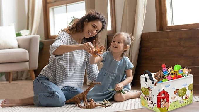 Rectangular Kids Baskets,Farm Baskets for Kids .Waterproof PE Coating Cute Basket with Handles.Boys Bins,Gifts Box,Books Basket. (Farm)