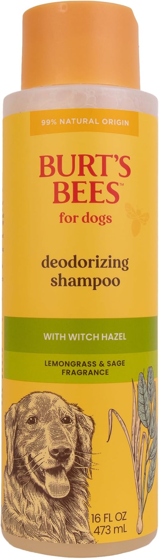 Burt's Bees for Pets Deodorizing Dog Shampoo with Witch Hazel, Lemongrass and Sage Scent, 95% Natural Origin, pH Balanced, No Sulfates or Parabens, for Smelly Dogs, 16 Fl Oz