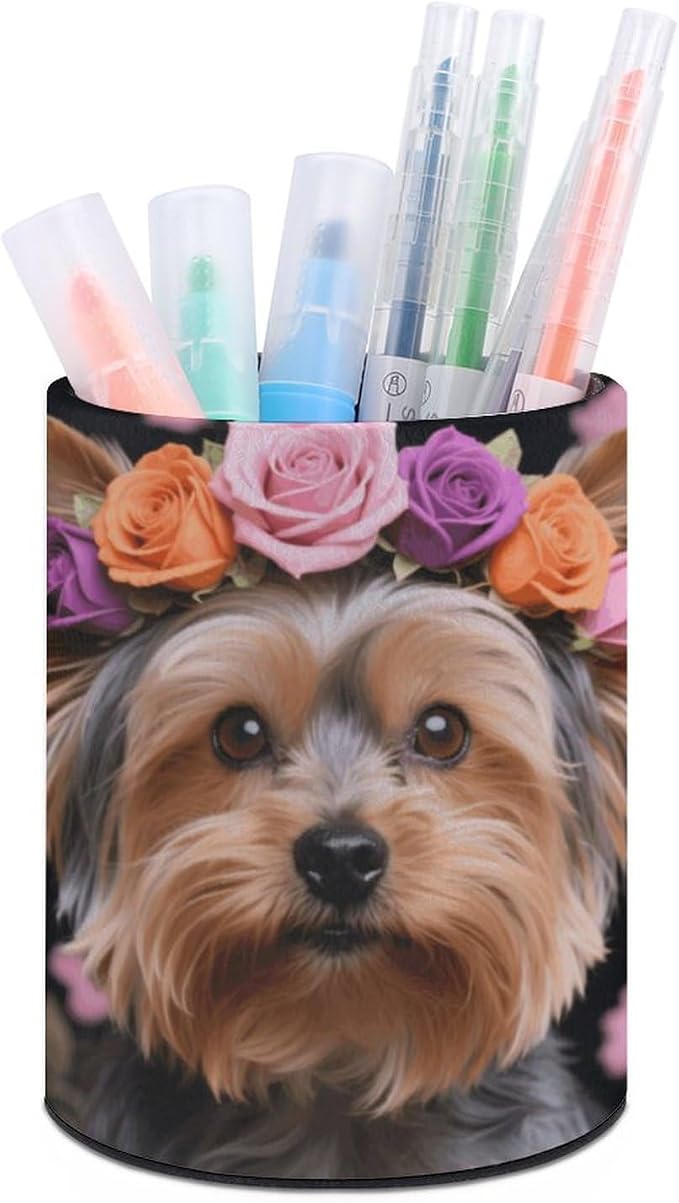 PU Leather Yorkie Floral Pen Holder Desk Stationery Organizer Remote Control Container Caddy Multifunctional Makeup Brush Storage Box Desktop Decor for Office Home