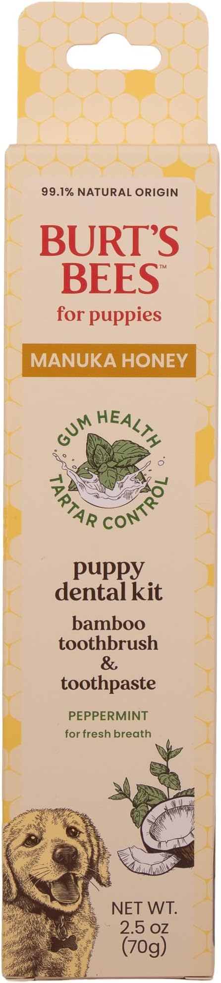 Burt's Bees for Pets Dental Kit for Puppies with Bamboo Toothbrush & Toothpaste with Manuka Honey & Coconut Oil for Gum Health & Tartar Control, 99.1% Natural Origin Formula, Peppermint, 2.5 oz
