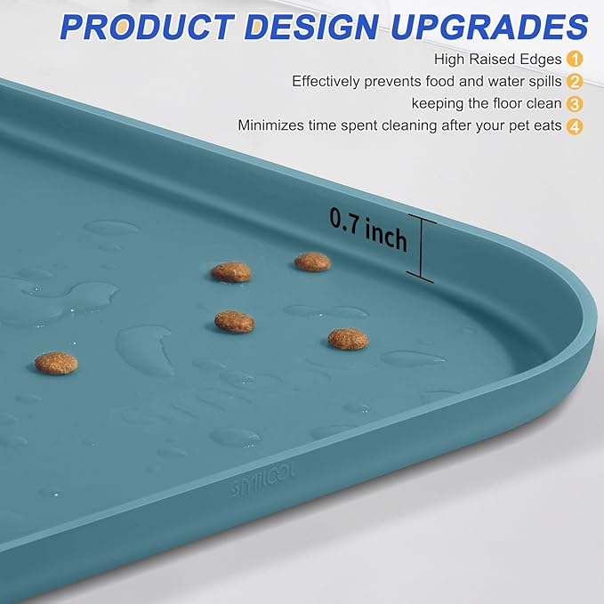 SMILOOL Silicone Pet Feeding Mat with Raised Edge for Food and Water, Dog Bowl Mats, Cat Bowls Placemat with High Lip for Floor Waterproof, Rubber Tray for Cats and Dogs 19 x 12 x0.7 Slate Blue