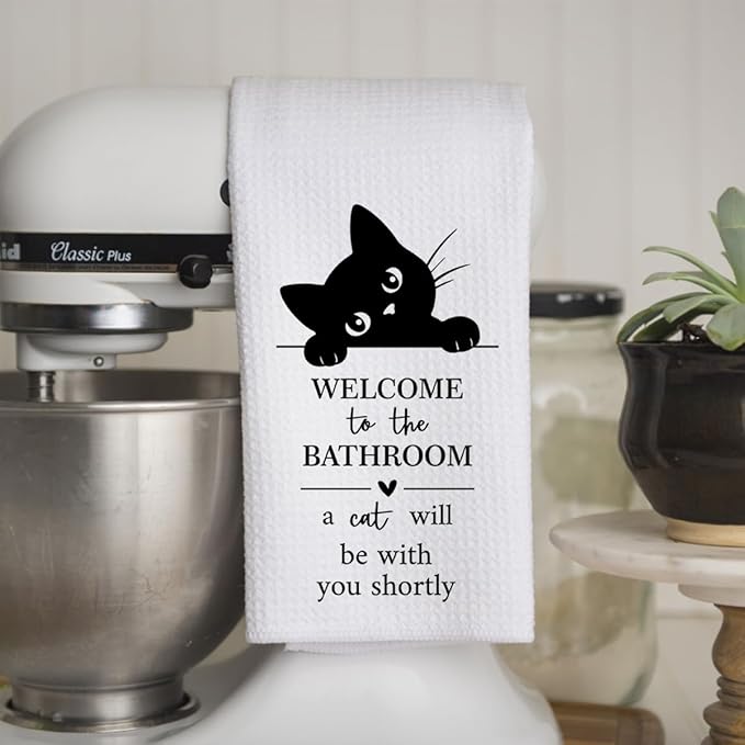 KIDEAR Funny Black Cat Bathroom Decor Welcome to The Bathroom Hand Towel,1 PCS Cute Black Cat Kitchen Towels for Toilet Wall Decorations,Cute Animal, Gifts for Women, Pet Owners Housewarming - A09