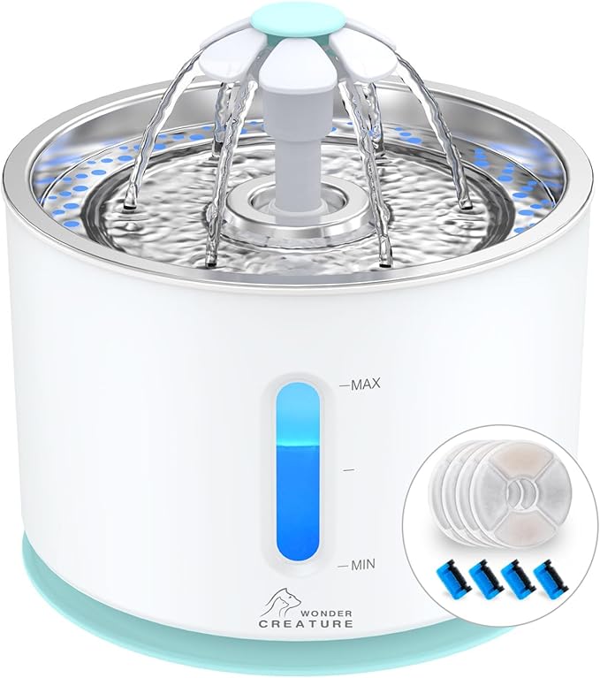 Wonder Creature Cat Water Fountain with 4 Filters & 4 Sponges, 2.4L/81oz for Multiple Cats, Stainless Steel Lid Automatic Pet Fountain with Ultra Quiet Pump, LED Light & Water Level Window