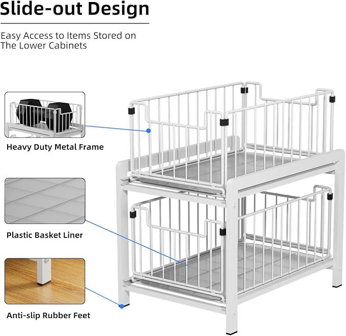 2-Tier Pull Out Cabinet Organizer, Slide Out Under Sink Organizer | Metal Cabinet Baskets with Mesh Sliding Drawer for Home, Office, Bathroom, Kitchen, Pantry Storage Shelf, Large White
