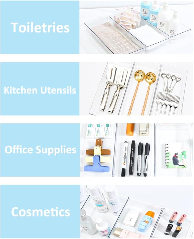 Kutesna 6Pcs Large Clear Drawer Organizer Set,15"x6" Desk Drawer Organizers | Versatile Desk Organizers with Non-Slip Silicone Pads, Storage Bins for Makeup, Bathroom, Kitchen Utensils, Office, Tools