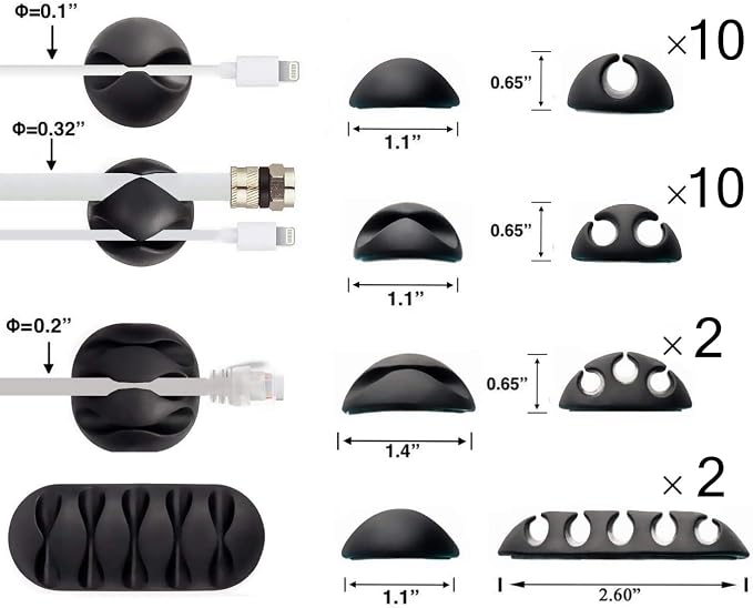 Desk Cable Management Cord Organizer, 24 Pack Black Self Adhesive Cord Holder Cable Clips, Ideal Cable Organizer Wire Keeper for Desk, Nightstand, Phone Charger, Computer, Home, Office, Car