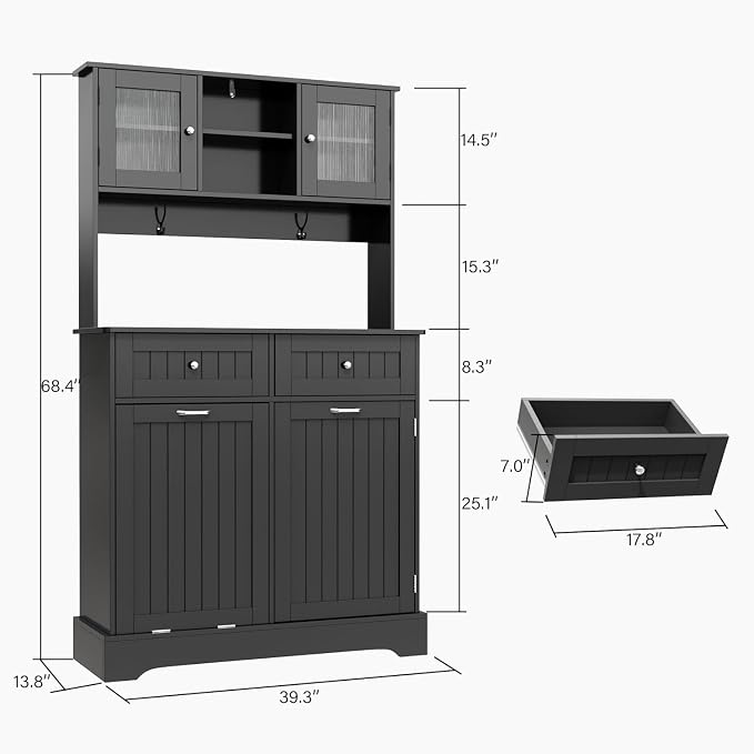 68.4" Kitchen Pantry Storage Cabinet, Freestanding Cupboard with Shelf, 2 Drawers and 1 Tilt Out Trash Cabinet, Tall Cabinets for Kitchen, Dinning Room, Living Room (Glossy Black, Single Tilt)