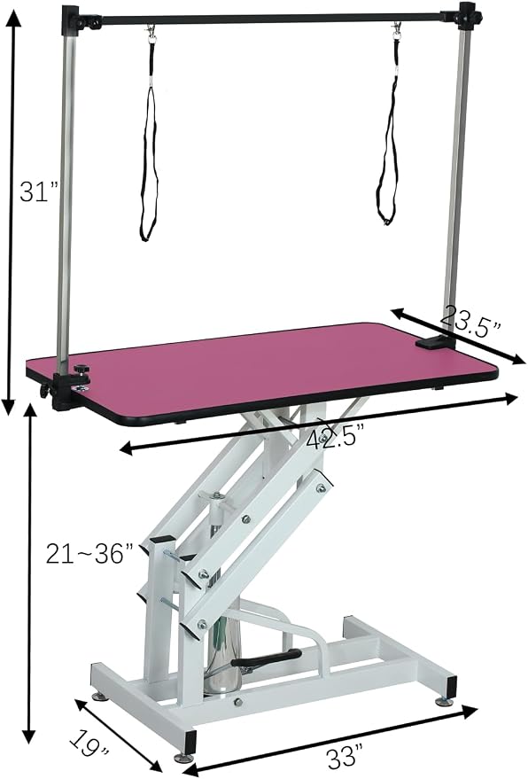 Hydraulic Dog Pet Grooming Table, 42 Inch Heavy Duty Professional Pet Grooming Station 21'' -36'' Height Adjustable for Large Dog at Home with Adjustable Overhead Arm, Clamp and Grooming Noose, Pink