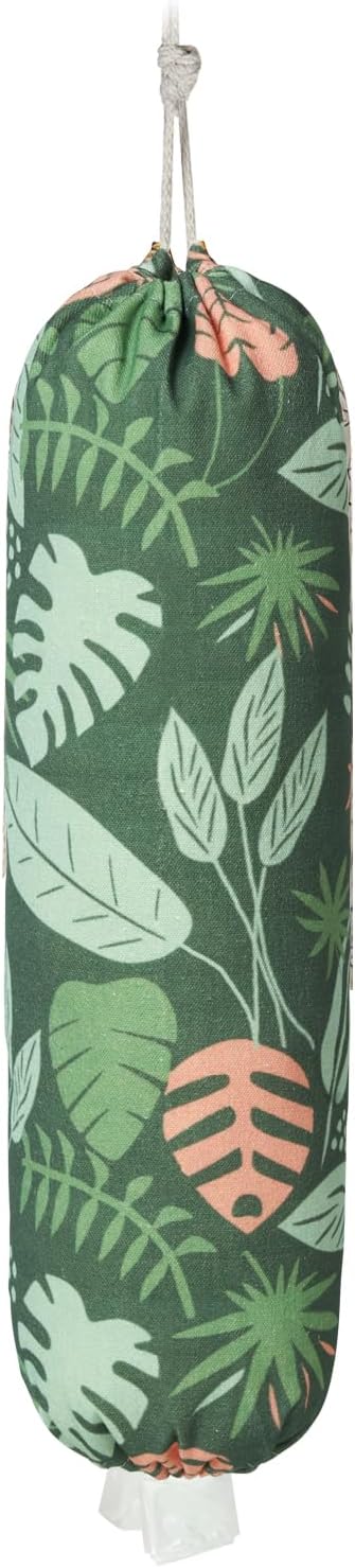Plastic Bag Holder, Reusable Grocery Bag Holder for Plastic Bags Groceries Store, Flower Canvas Trash Plastic Bag Organizer Storage Holders for Home Kitchen Pantry Decor (Green Seaweed)