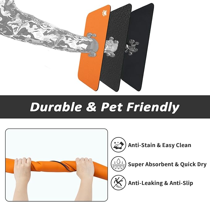 HotLive Dog Food Mat - Absorbent Cat Mat for Food and Water, No Stains Pet Feeding Bowl Mat, Easy to Clean Pet Placemats, Quick Dry Dog Water Dispenser Mat for Messy Drinkers | Paw Orange 18"x34"