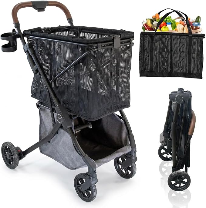 Stability Shopping Cart On Premium Wheels – Lightweight Aluminum Frame – Removable Shopping Bag with Carry Strap & Lower Grocery Storage 75Lbs Storage Capacity (Shadow)