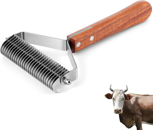 Abbylike Livestock Shedding Comb Grooming Dematting Brush Shedding Undercoat Rake for Cattle Horse Goat Cow Pets with 27 Stainless Steel Blades and Wood Handle