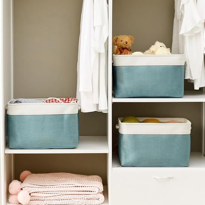 Organization and Storage basket for Organizing - 3 Pack 16x12x12 inch Cube Storage Bin for Shelves, Fabric Storage Cubes for Organizer Cloth Closet Toy Box (White & Green)