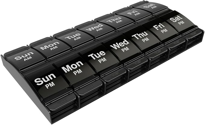 Ezy Dose Weekly (7-Day) AM/PM Pill Organizer, X-Large Medicine Case, Black | Daily Vitamin Box & Supplement Planner, 2 Times a Day Push Button Compartments, Arthritis-Friendly, Travel-Friendly, BPA-Free