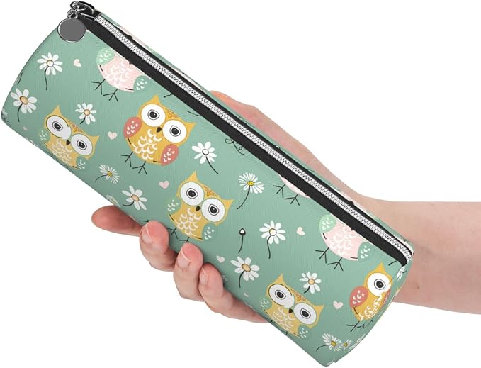 OSAM SPACE Leather Pencil Case Round Pencil Bag Cute Owl Floral Pen Organizer Holder Portable Zipper Pouch Cute School Supplies for Girls Boys Study Office
