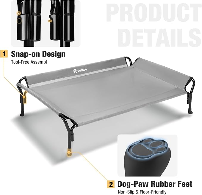 Veehoo Cooling Elevated Dog Bed, Raised Dog Cot with Guardrail & Headrest | Washable Dog Couch Bed for Indoor & Outdoor, Durable Breathable Teslin Mesh, Non-Slip Feet, Medium, 39.5" x 28", Grey