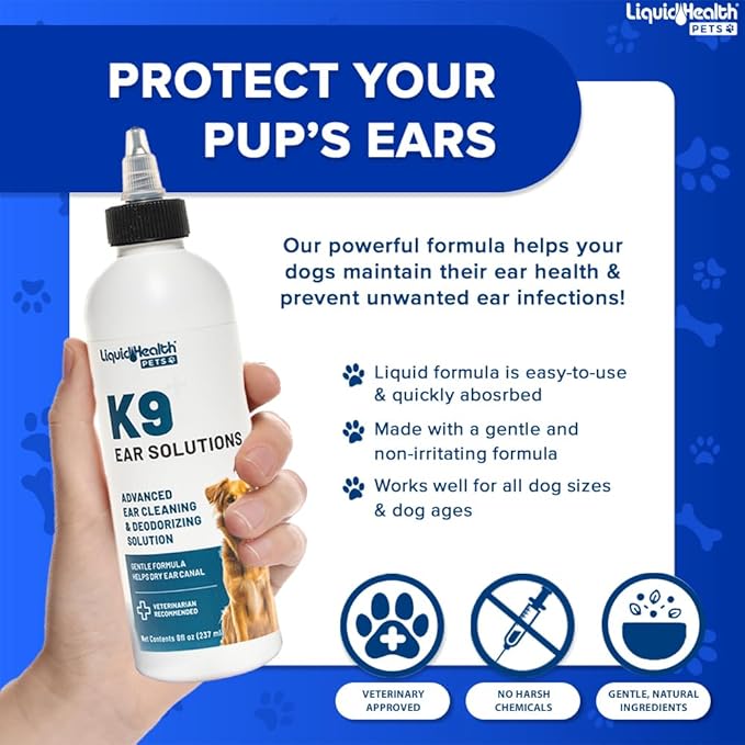 LIQUIDHEALTH Pets K9 Dog Ear Cleaner Wash Solutions - Infection Cleaning Hygiene Treatment Liquid Drops for Dogs, Canines, Puppies - for Use After Swimming or Bathing - Made in The USA (8 oz, 2Pack)