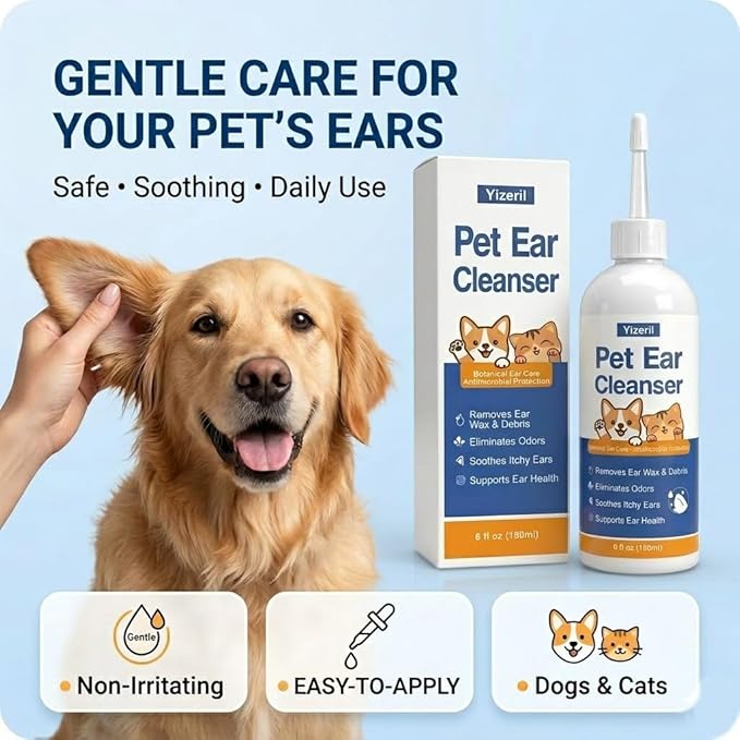 Dog Ear Wash - Gentle Cat Ear Cleaner Solution, Removes Ear Wax Debris and Ear Odor, Pet Ear Drops Liquid for Routine Ear Care, 6 fl oz