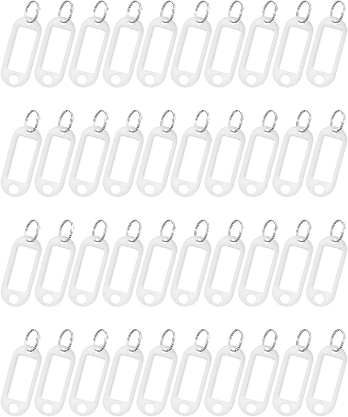 Uniclife 40 Pack Key Tags 2 Inch Plastic Key Chain Tags with Label, White | Writable key tags with clear windows, blank paper labels, protective films and split rings for easy item identification