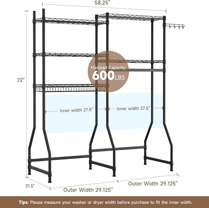 Golpart Laundry Organizer Shelves Over the Washer and Dryer Storage Shelf | Heavy Duty Laundry Room Organization Clothes Drying Rack Adjustable Height Wire Shelving and Wire Basket with Hanger Rod