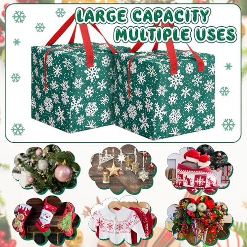Kajaia 2 Pcs Christmas Ornament Storage 12 x 12 x 12 Inch Snowflake Holiday Accessories Bag Christmas Storage Containers Tear Proof Xmas Ornament Organizer with Handles Full Length Zipper (Green)