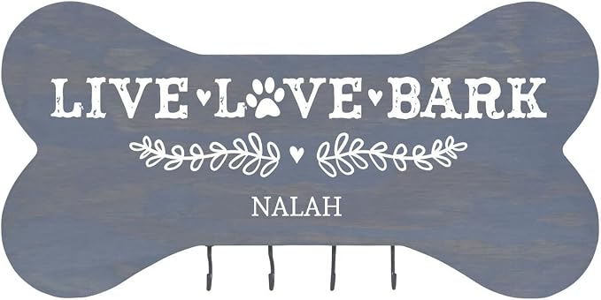 Rooms Organized Personalized Live Love Bark Wall Mounted Dog Bone Pet Leash Rack,Dog Collar Holder New Home Decor Gift Ideas and 4 Hooks 16" L x 8" H 2.5." deep (Classic Grey)