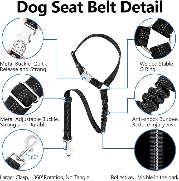 Plutus Pet Dog Seat Belt for Car Headrest, Reflective with Elastic Bungee | Adjustable Restraint for Safety, Vehicle Seatbelt Harness for Small Medium Large Dogs and Cats, Black