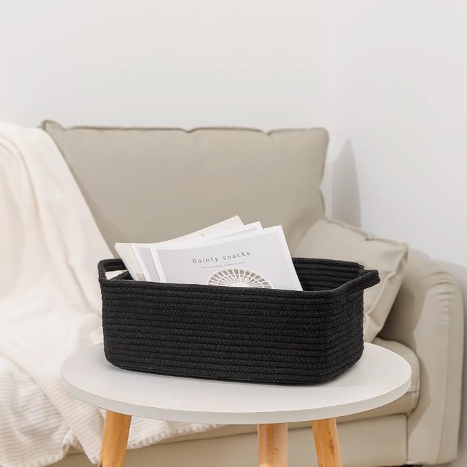 CubesLand Cute and Durable Small Cotton Rope Basket for Organizing | Woven Closet Storage Bin,Shelves Closet Storage Basket, Bathroom Storage Organizer Bin, Nursery Toy Basket Bin, Black Basket