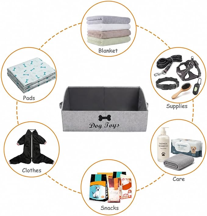 Geyecete dog toy basket Large dog toy bin dog toy box storage box - Foldable Fabric Trapezoid Organizer Boxes with Handle, Collapsible Basket for Dog Toys (Striped Gray-DOG)