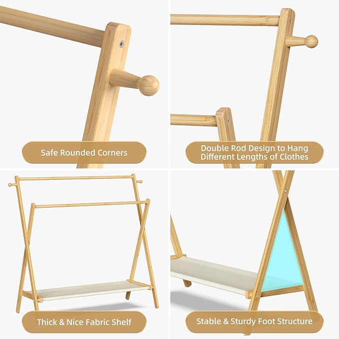 BAMBOOHOMIE Kids Clothing Rack With Storage Shelf & Double Rods, Foldable Dress Up Clothes Rack for Toddler Nursery, Child's Room, 100% Natural Bamboo (Large Size)