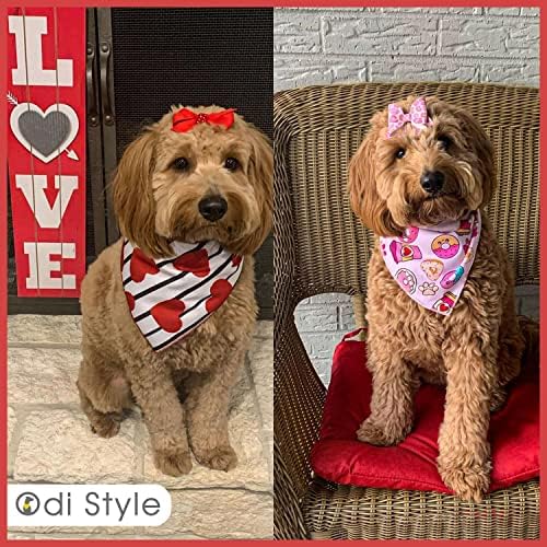 Valentine's Day Dog Bandanas - 2 Pack, Heart, Donut, Paw Printed Pet Scarves, Dog Valentines Bandanas for Small, Medium, Large Dogs, Puppy Outfit, Pink, White