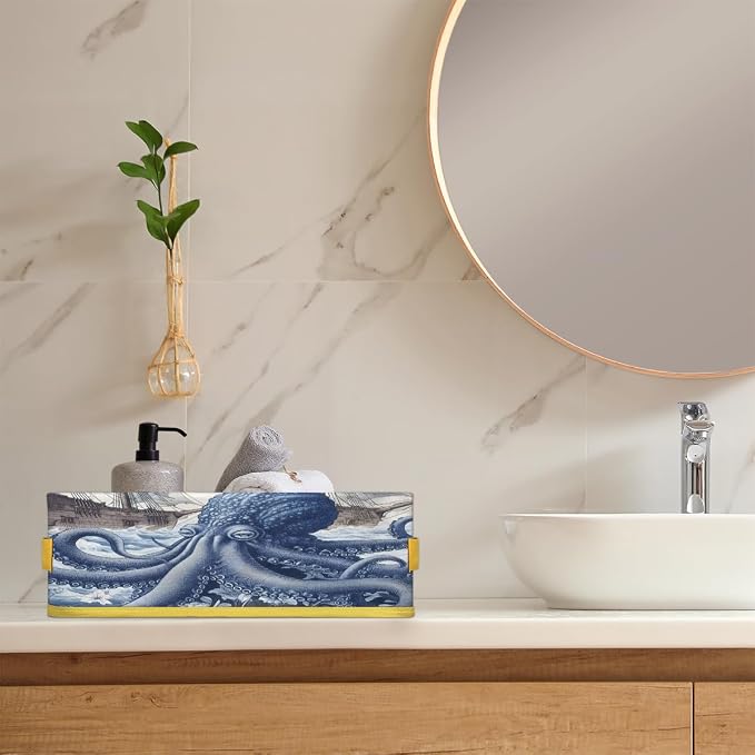 Stylish Octopus Bathroom Storage Basket Waterproof Foldable Storage Bins with Handles Decorative Toilet Paper Storage Basket for Organizing for House Bathroom Toiletries Set of 2