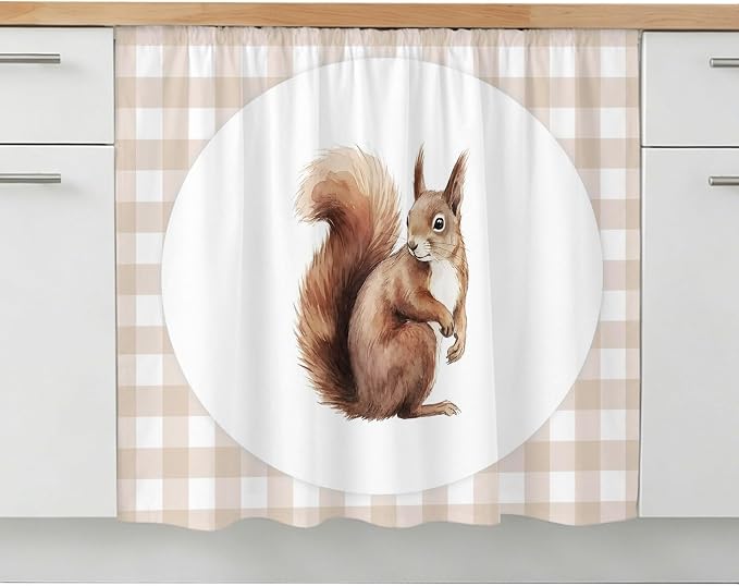 Squirrel Plaid Oven Skirt Curtain for Kitchen Decor 28"x35", Modern Farmhouse Checkered Rustic Animal Self Adhesive Stove Curtains Skirt Cabinet Curtains for Bathroom Laundry Room