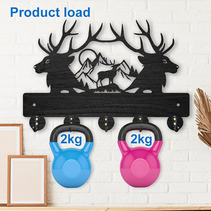 MAYJOYDIY Deer Mountain Forest Coat Hooks Wall Mounted 11.8×7.9inch Black Wooden Deer Key Holder for Wall 5 Alloy Hooks Wall Art Decor Deer Hangers for Towel Key Kitchen Bedroom Entryway Gifts