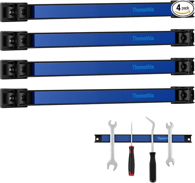 12" Magnetic Tool Holder Strip, 4 Pieces Blue Metal Tool Organizer Rack with Stainless Steel Surface, Magnet Bar for Garage Workshop, Easy To Install with Mounting Screws