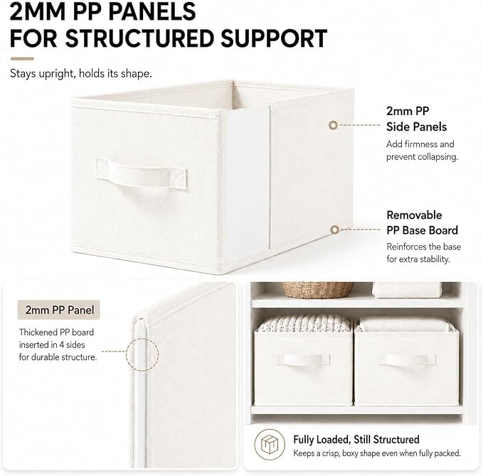 LayerSpace 3 Pack Fabric Storage Bins for Shelves | 16.25x12x10in Closet | Collapsible Bins for Organization | Linen Clothes Storage Bins | White & Ivory | Thickened Rigid PP Panels, Cotton-linen Shelf Baskets, Measure 16.25"L x 12"W x 10"H for Clothes...