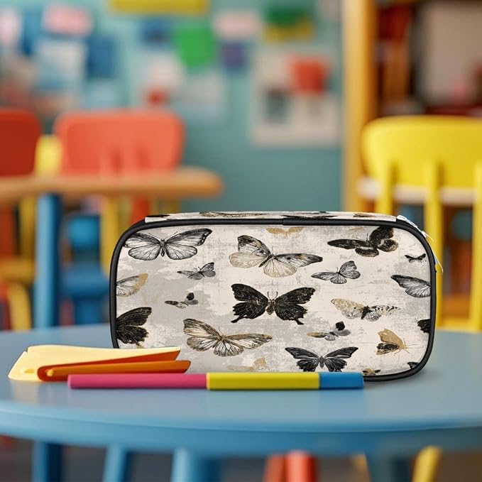 Pencil Case Pouch, Vintage Gold Black Butterfly Large Pen Bag with Zipper, Portable Zipper Pencil Pouch Organizer for Student Teen Girls Boys