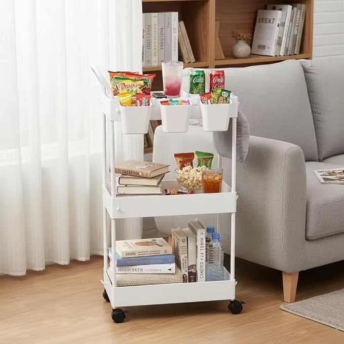 danpinera Storage Cart on Wheels, 3 Tier Slim Laundry with Wheels Bathroom Organizer with Hanging Cups Hooks Dividers Handle Mobile Rolling Art Cart for Bathroom Kitchen Narrow Places, White