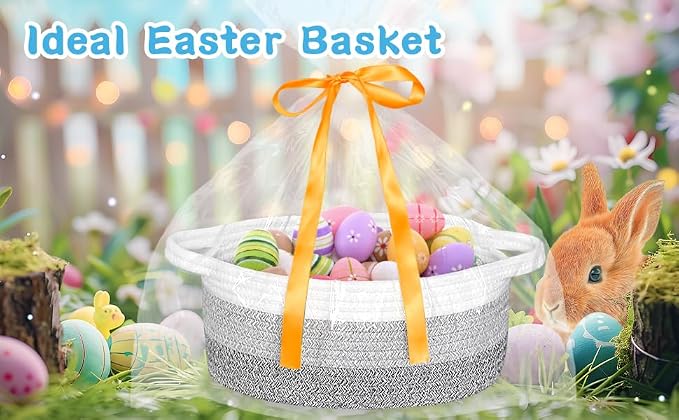 ABenkle Small Woven Easter Basket with Handle, 12x8x5 inches, Durable Storage Basket, Gift Wrap Ready with Ribbon